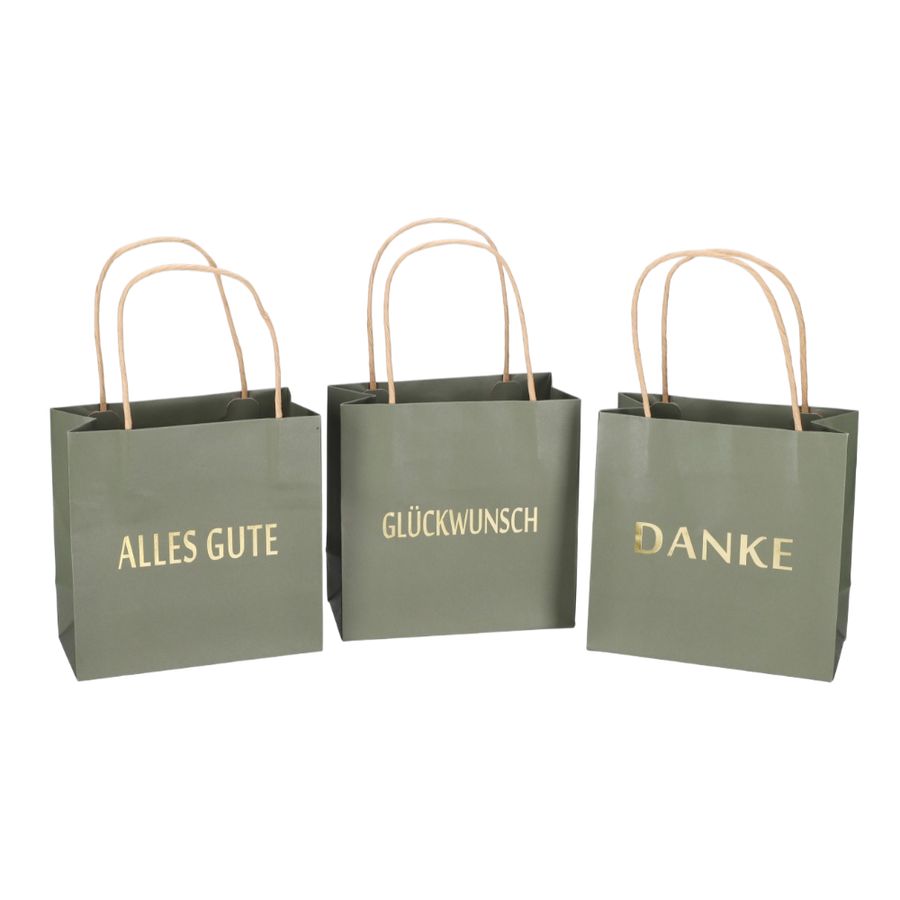 Geschenktüte bedruckt 3 Sprüche DANKE ALLES GUTE GLÜCKWUNSCH grün dunkel B16xT8xH16cm, elegante Geschenkverpackung mit goldenen Drucken