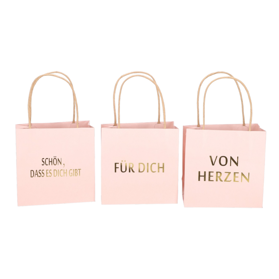 Geschenktüte bedruckt 3 Sprüche VON HERZEN SCHÖN DASS ES DICH GIBT FÜR DICH rosa B16xT8xH16cm, elegante Geschenkverpackung mit goldenen Drucken
