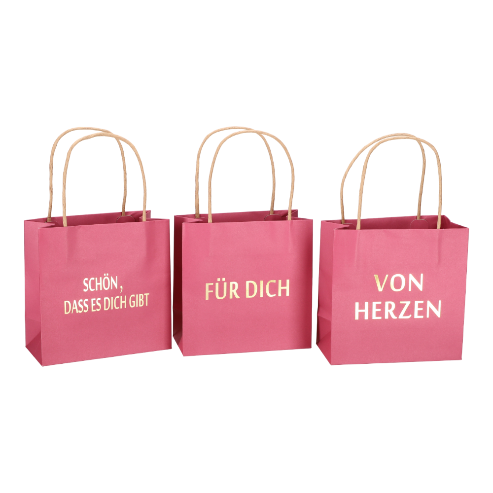 Geschenktüte bedruckt 3 Sprüche pink in fröhlichem Design, 16x8x16 cm, mit goldenen Sprüchen "Für Dich", "Schön, dass es Dich gibt", "Von Herzen".