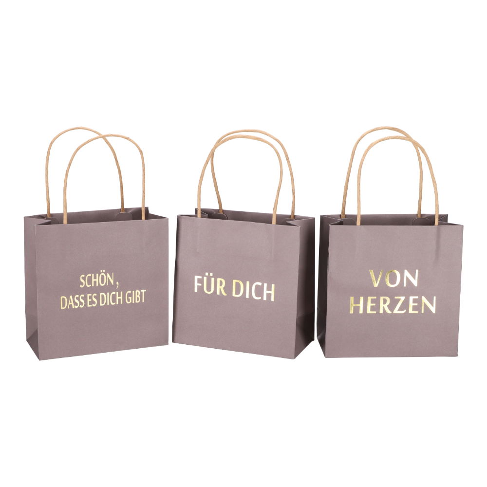 Geschenktüte bedruckt 3 Sprüche grau - Dunkelgraue Geschenktaschen mit herzlichen Botschaften
