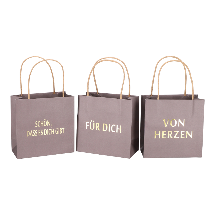 Geschenktüte bedruckt 3 Sprüche grau - Dunkelgraue Geschenktaschen mit herzlichen Botschaften