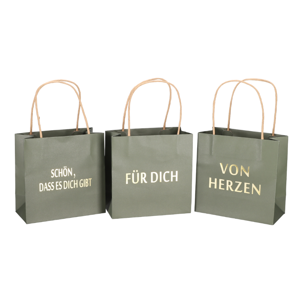 Geschenktüte bedruckt 3 Sprüche grün - Dunkelgrüne Geschenktaschen mit Sprüchen 'VON HERZEN', 'FÜR DICH', 'SCHÖN, DASS...'}