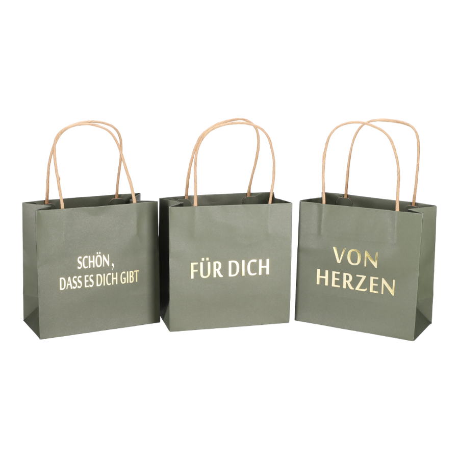 Geschenktüte bedruckt 3 Sprüche grün - Dunkelgrüne Geschenktaschen mit Sprüchen 'VON HERZEN', 'FÜR DICH', 'SCHÖN, DASS...'}