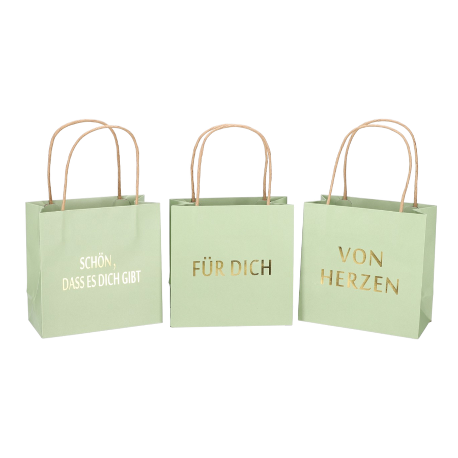 Geschenktüte bedruckt 3 Sprüche VON HERZEN SCHÖN DASS ES DICH GIBT FÜR DICH grün lindgrün B16xT8xH16cm, liebevolle Geschenkverpackung