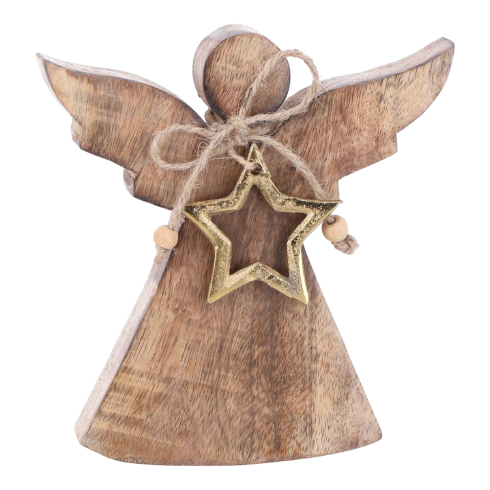 Engel Mangoholz Alustern gold - Dekorativer Engel aus Mangoholz mit goldenem Stern-Anhänger, 16x15x2,5 cm.