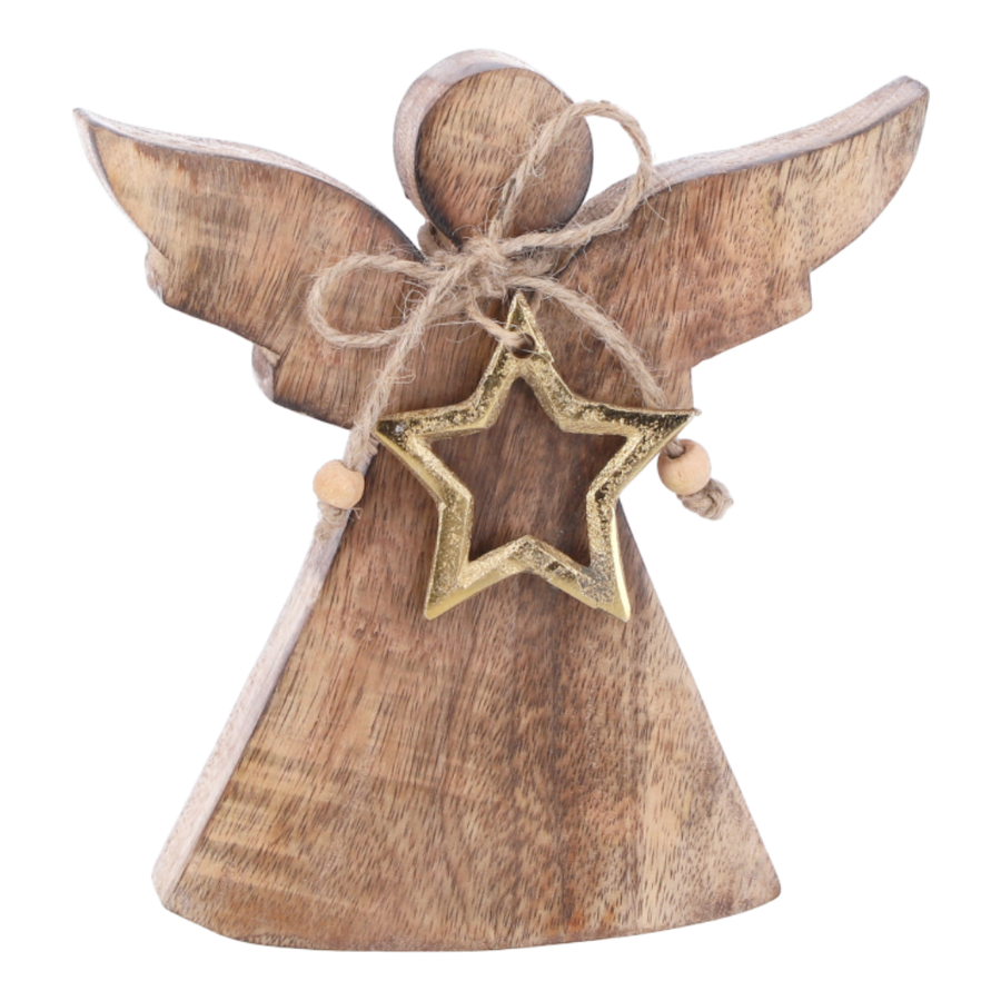 Engel Mangoholz Alustern gold - Dekorativer Engel aus Mangoholz mit goldenem Stern-Anhänger, 16x15x2,5 cm.