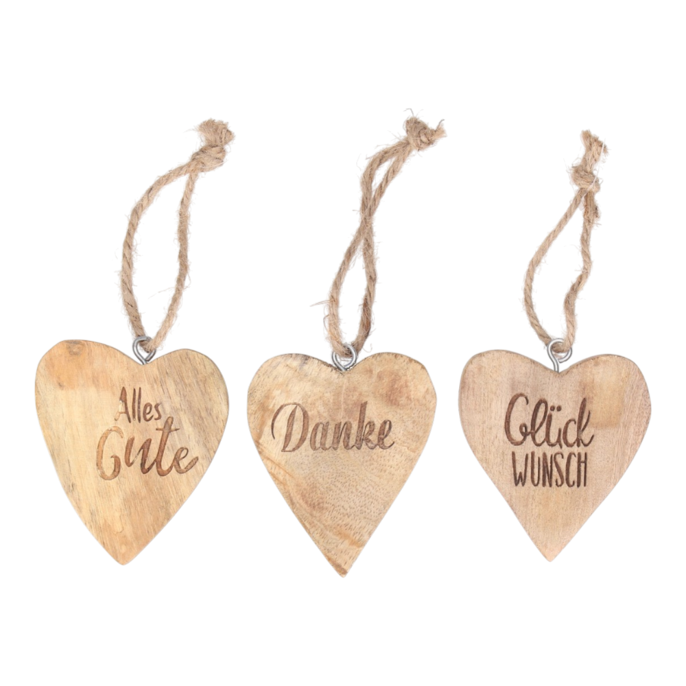 Herz mit Spruch Mangowood zum Hängen DANKE ALLES GUTE GLÜCKWUNSCH natur Ø8cm, persönliche Dekoration aus natürlichem Mangowood
