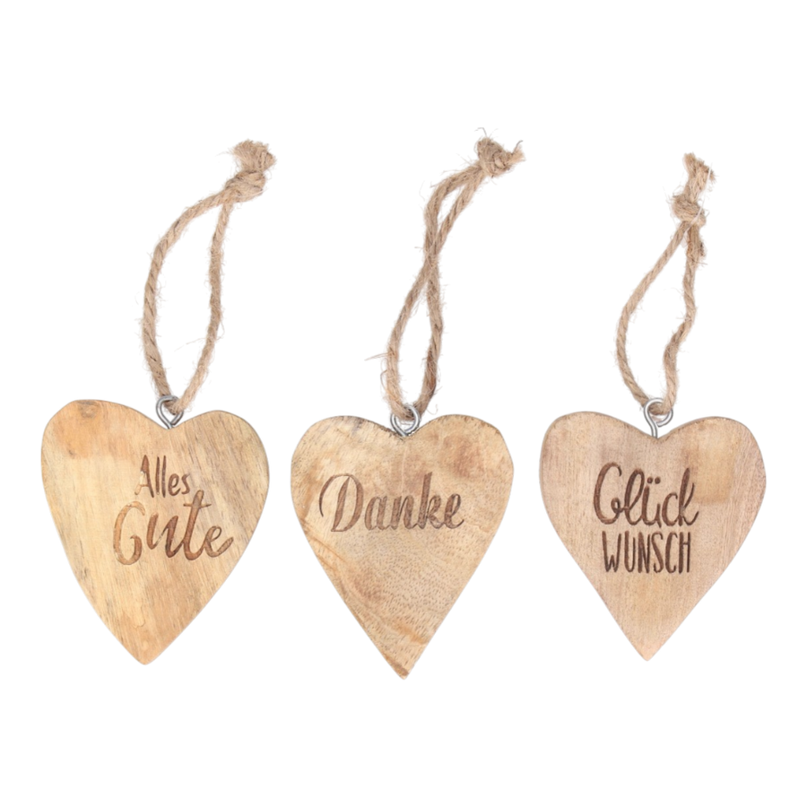Herz mit Spruch Mangowood zum Hängen DANKE ALLES GUTE GLÜCKWUNSCH natur Ø8cm, persönliche Dekoration aus natürlichem Mangowood