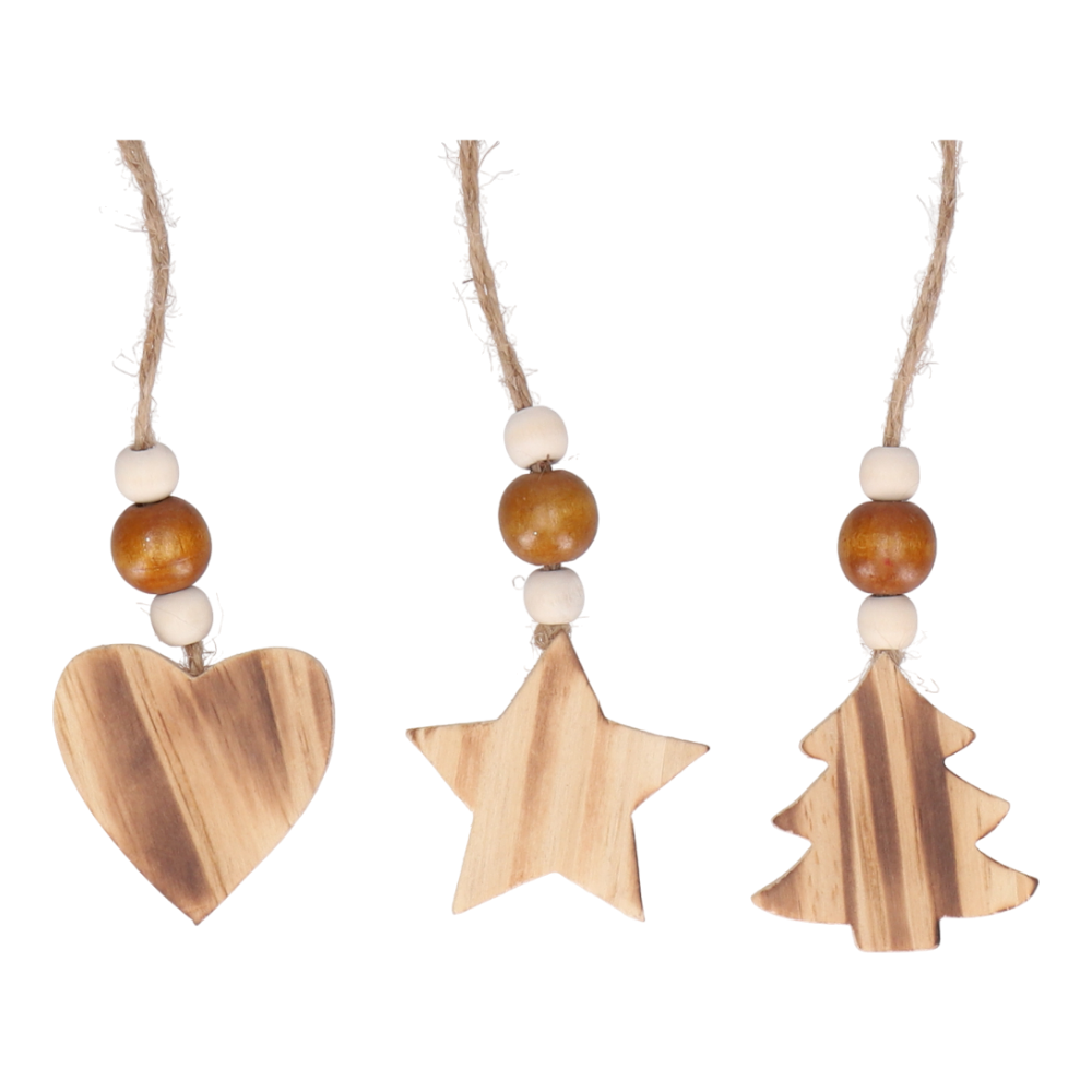 Sortiment Holzhänger mit Holzperle in drei Modellen Herz Stern Baum, natur 17cm