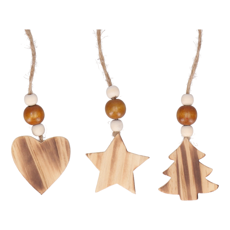Sortiment Holzhänger mit Holzperle in drei Modellen Herz Stern Baum, natur 17cm