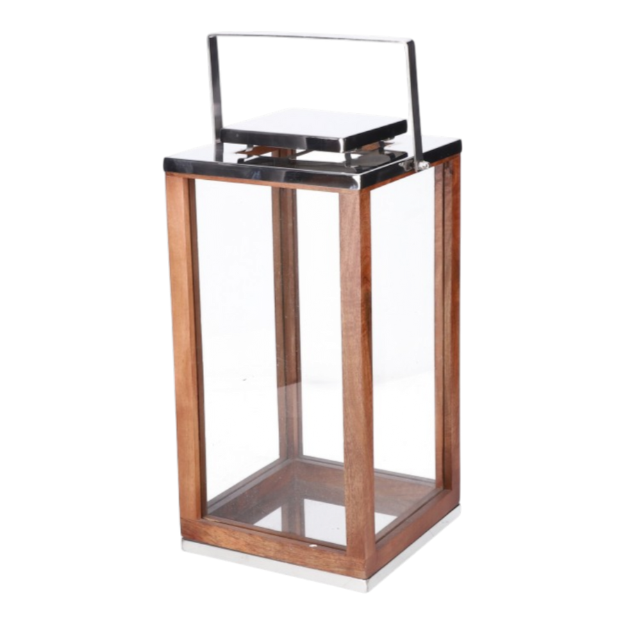 Laterne Edelstahl Mangoholz mit Glas natur D25xH50cm, elegantes Deko-Element aus modernen und natürlichen Materialien