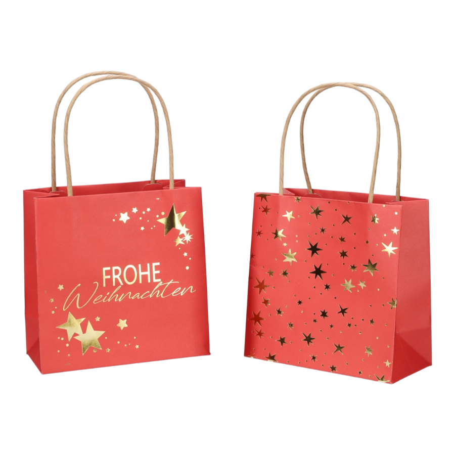 Geschenktüte bedruckt 2 Modelle "Frohe Weihnachten", Sterne rot B16xT8xH16cm, festliche rote Geschenkverpackung in zwei verschiedenen Designs