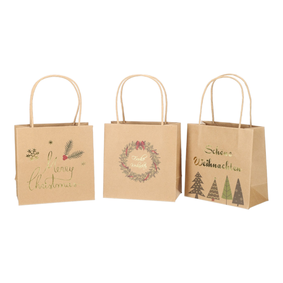 Geschenktüte bedruckt 3 Modelle "Merry Christmas", "Frohe Weihnachten", "Schöne Weihnachten" natur B16xT8xH16cm, festliche Geschenkverpackung