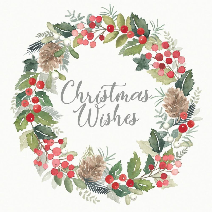 ppd Cocktailservietten Merry Wreath white 25x25 cm mit Spruch "Christmas Wishes" und weißem Kranz-Design, 20 Stück, 3-lagig, FSC-zertifiziert