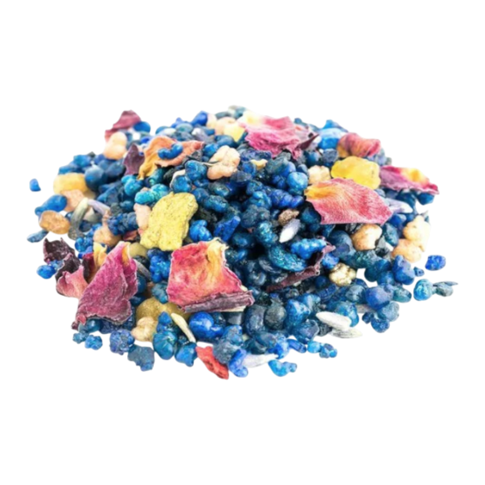 Kilwing Räuchermischung Haussegen mit blauen Stücken und Rosenblüten