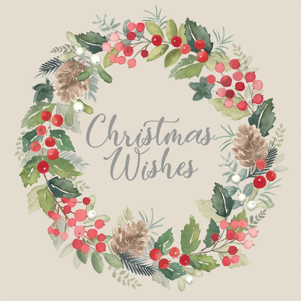 ppd Lunchservietten Merry Wreath 33x33cm mit Spruch "Christmas Wishes" und Kranz-Design, 20 Stück, 3-lagig, FSC-zertifiziert