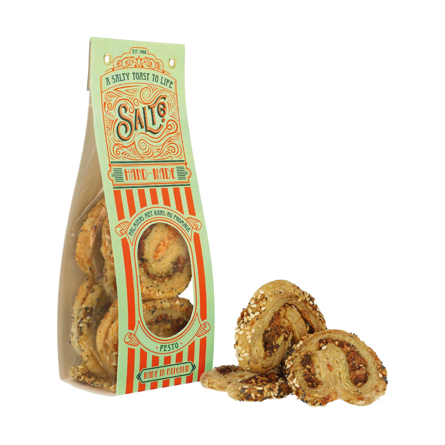 Salto Palmiers Käse-Pesto - knuspriger Blätterteig mit grünem Pesto, Käse, Sesamsamen und Blaumohn