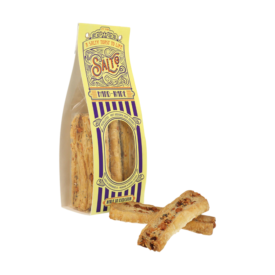Salto Palmiers Käse-getrocknete Zwiebeln-Kräuter - knuspriger Blätterteig mit Käse, getrockneten Zwiebeln, Sesamwasabi und Blaumohn