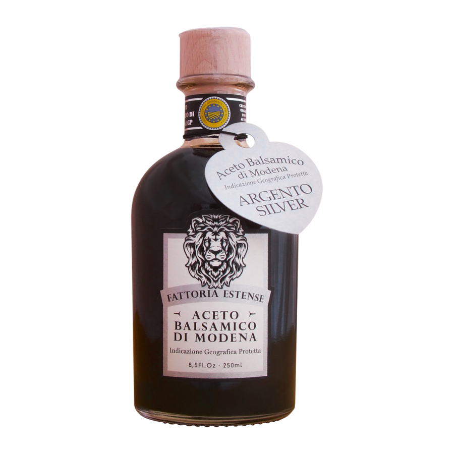 Fattoria Estense Aceto Balsamico Modena IGP Argento 250ml - dickflüssiger Balsamessig mit Dichte 1,25, ohne Zuckerfarbstoff, gekochter Traubenmost