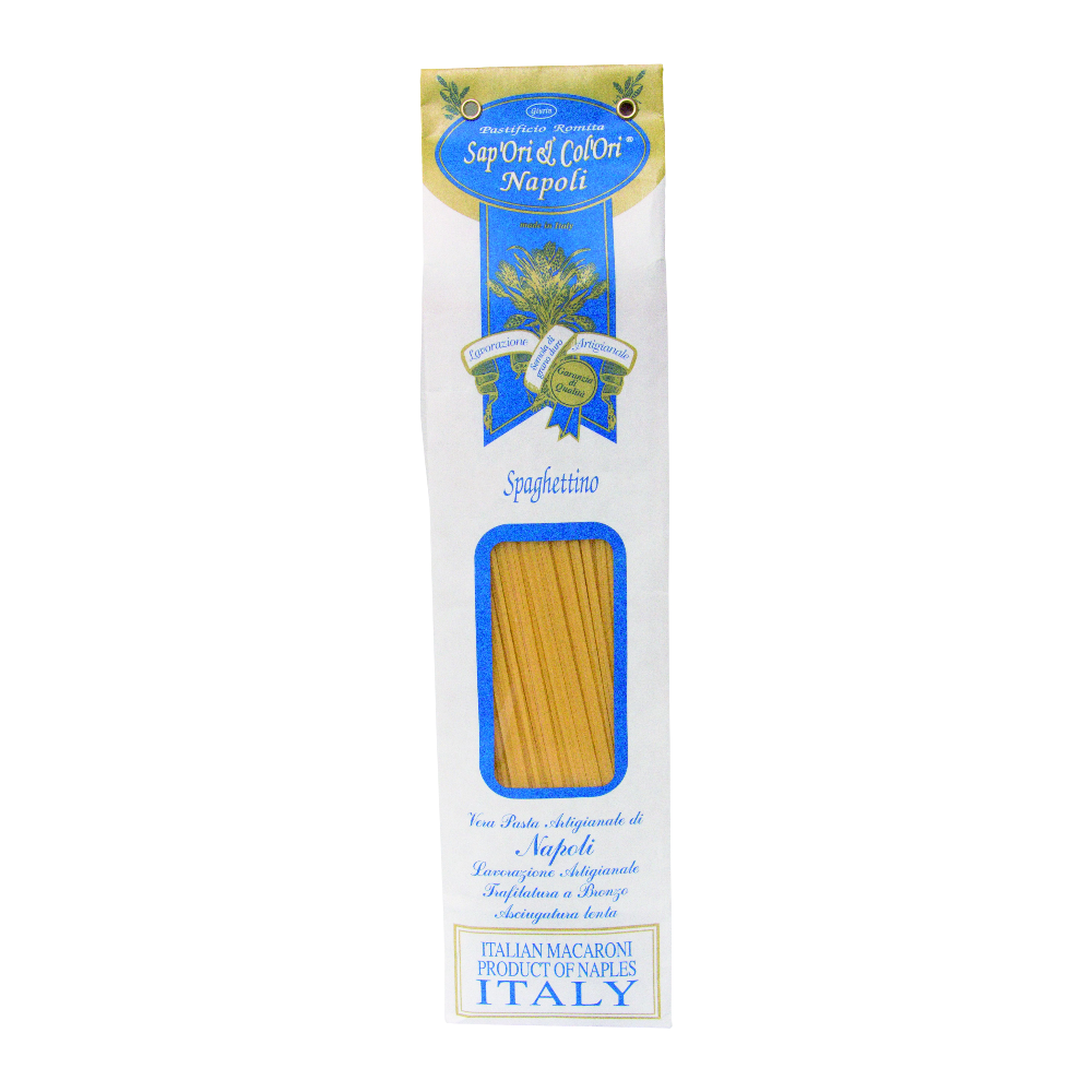 Sapori di Napoli Spaghettino 500g - italienische Pasta aus Hartweizengrieß, durch Bronzematrizen gepresst, langsam getrocknet mit rauer Oberfläche