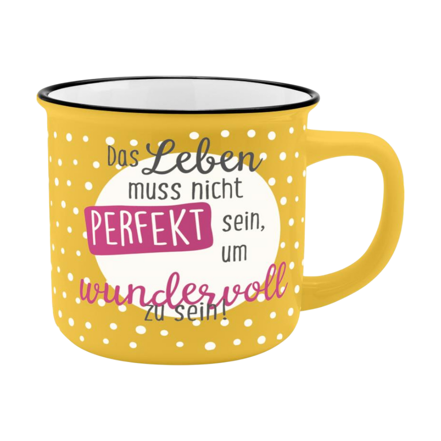 Becher LEBEN Emailleoptik, 35cl, GRUSS & CO, Porzellan, Spruch, Geschenkidee