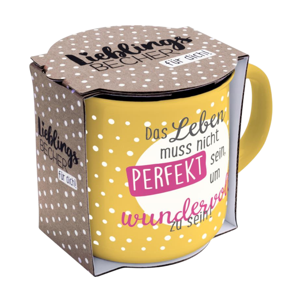 Becher mit Spruch, LEBEN, Emailleoptik, 35cl, GRUSS & CO, New Bone China Porzellan