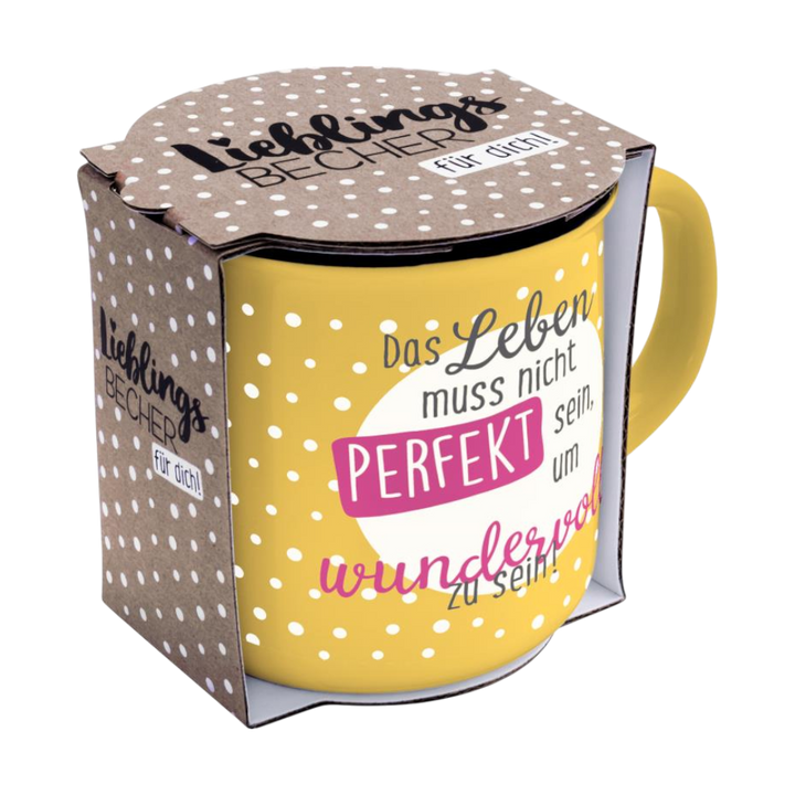 Becher mit Spruch, LEBEN, Emailleoptik, 35cl, GRUSS & CO, New Bone China Porzellan