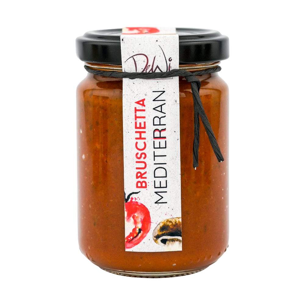 DeWi Bruschetta Mediterran Gemüsecreme 135g – Gemüsecreme mit Tomatenkonzentrat, Paprika, Basilikum und Kapern, mediterraner Brotaufstrich