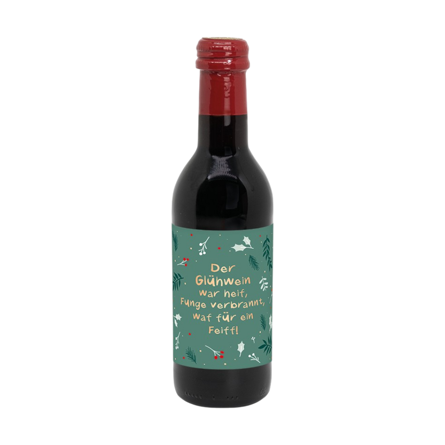 Glühwein-Flasche rot 0,25l von Grafik Werkstatt mit lustigem Spruch "Zunge verbrannt", humorvoller Weihnachts-Glühwein