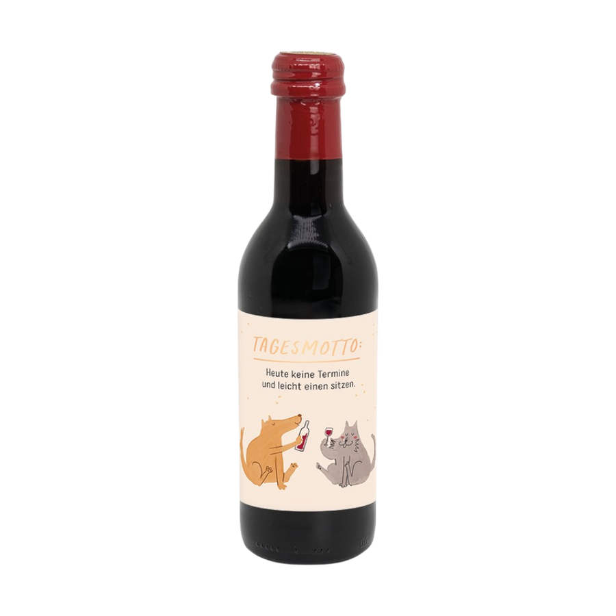 Glühwein-Flasche rot 0,25l von Grafik Werkstatt mit lustigem Spruch "Tagesmotto", humorvoller Weihnachts-Glühwein
