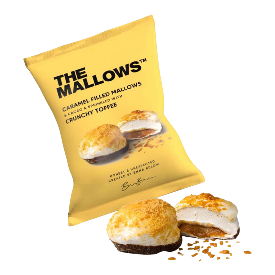 The Mallows Caramel Filled Marshmallows - Karamell gefüllte Marshmallows mit Kakao-Fettglasur und knusprigen Karamellflocken