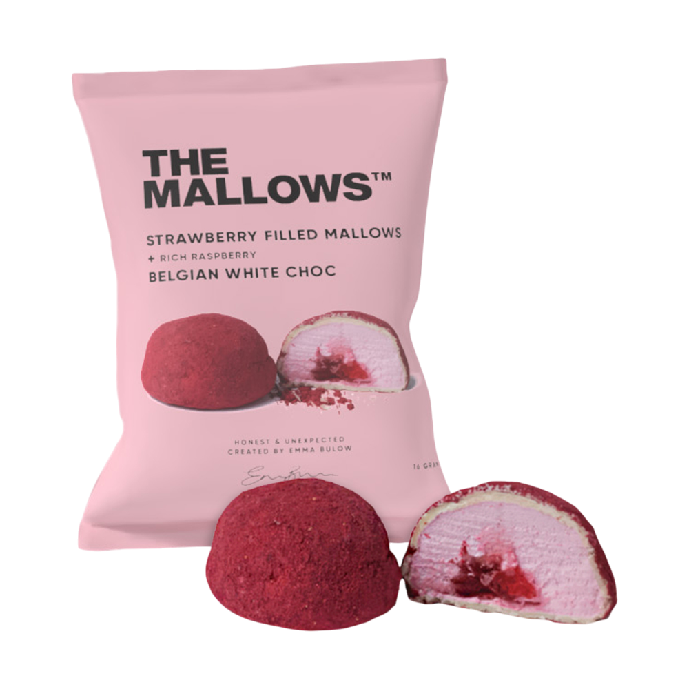 The Mallows Strawberry Filled Mallows 16g – Marshmallows, Erdbeerfüllung, weiße Schokolade