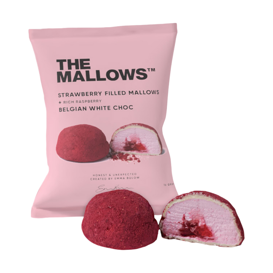 The Mallows Strawberry Filled Mallows 16g – Marshmallows, Erdbeerfüllung, weiße Schokolade