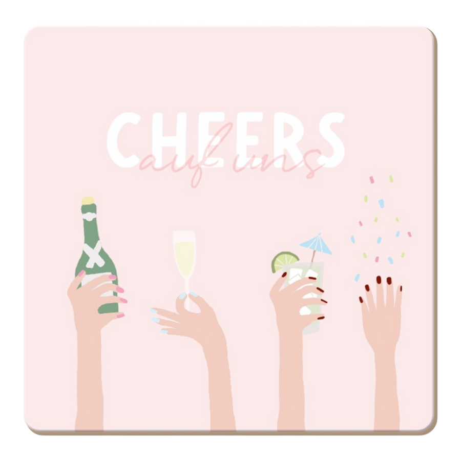 Grafik Werkstatt Korkuntersetzer Cheers mit Spruch "Cheers auf uns", natürlicher Kork, Format 95x95mm, gesellige Tischkultur