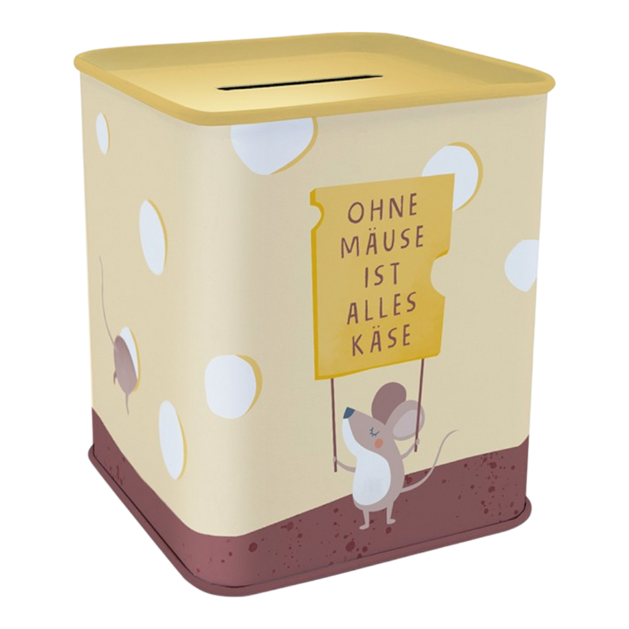 Grafik Werkstatt Spardose Ohne Mäuse ist alles Käse mit Spruch "Ohne Mäuse ist alles Käse", Format 78x78mm, humorvolle Spardose
