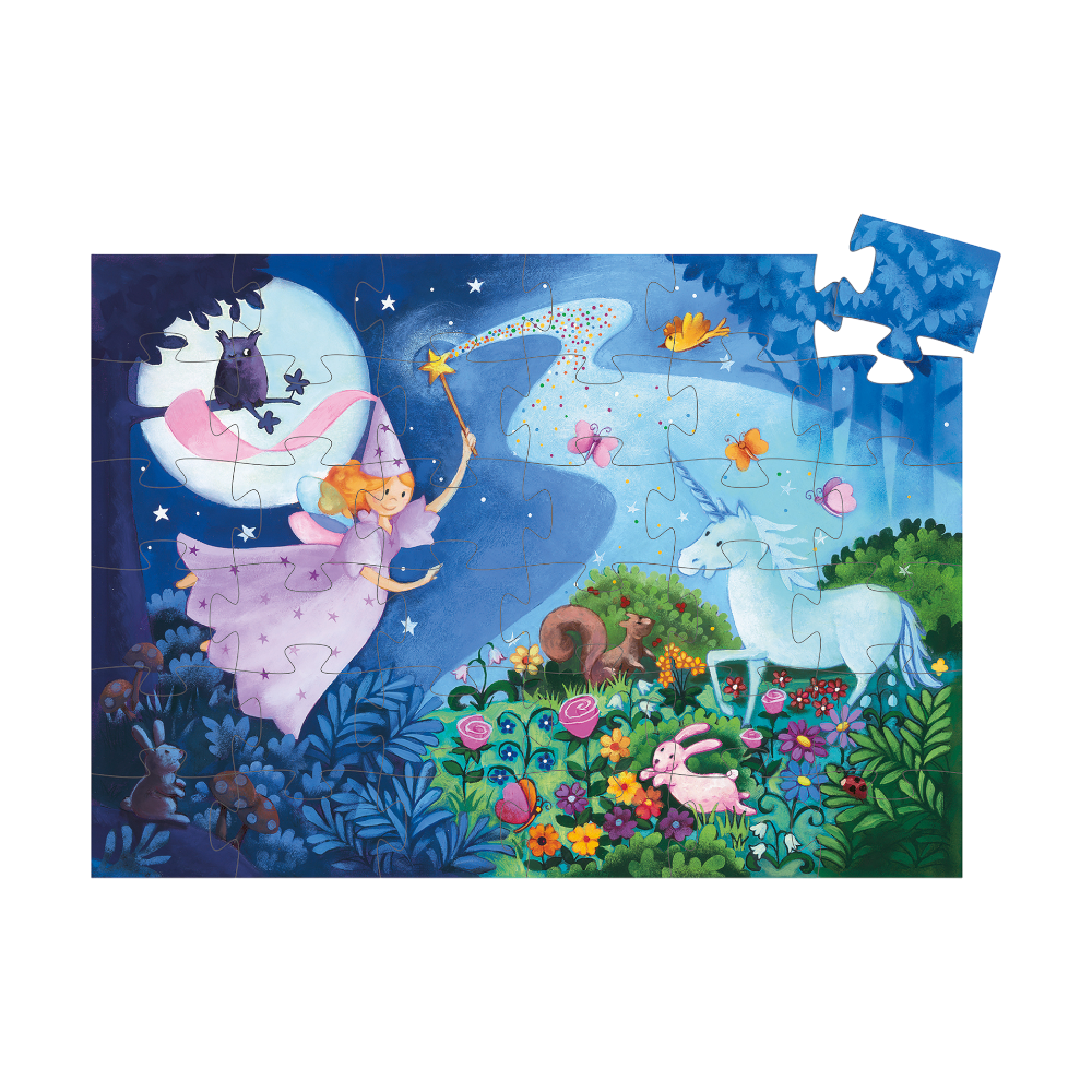 Djeco Fee und Einhorn Puzzle, märchenhafte Szene, Silhouetten-Box, Geschenk ab 4 Jahren