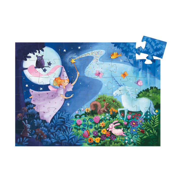 Djeco Fee und Einhorn Puzzle, märchenhafte Szene, Silhouetten-Box, Geschenk ab 4 Jahren