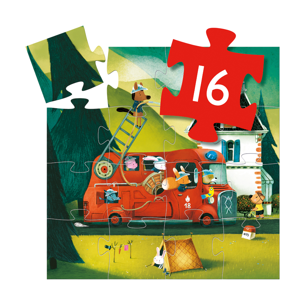 Djeco Feuerwehr Puzzle, quadratisch, Silhouetten-Box, Geschenk für Kinder ab 3 Jahren