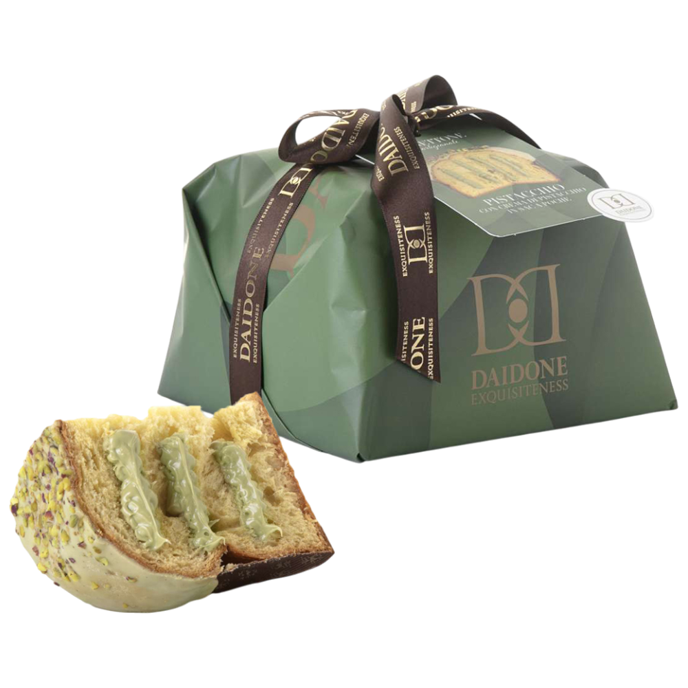 Daidone Panettone Artigianale Pistacchio - handwerklicher Panettone mit Pistazienglasur, knusprigen Pistazienstückchen und Pistaziencreme im Spritzbeutel