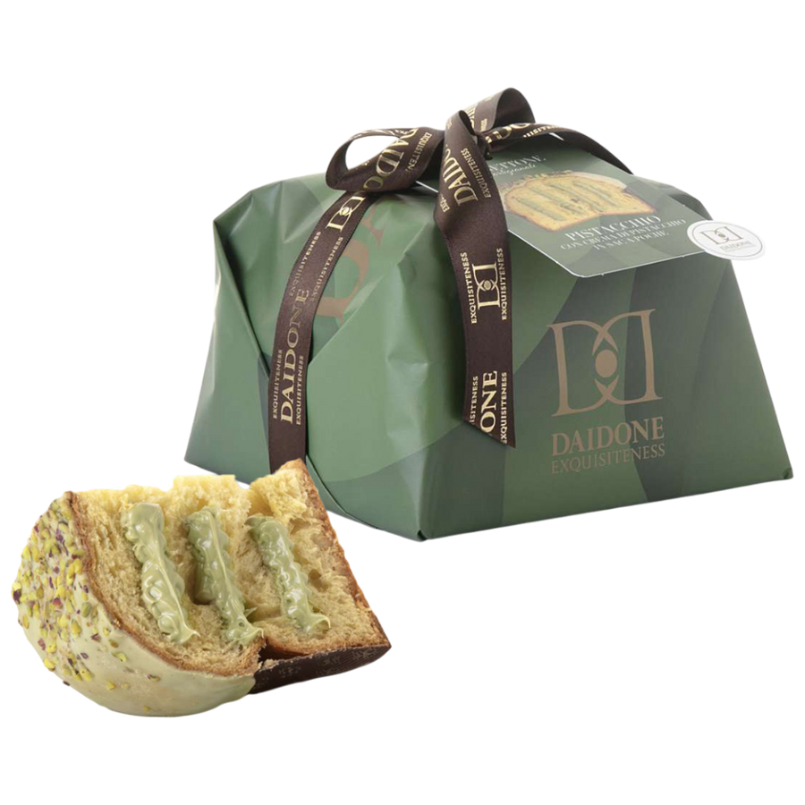 Daidone Panettone Artigianale Pistacchio - handwerklicher Panettone mit Pistazienglasur, knusprigen Pistazienstückchen und Pistaziencreme im Spritzbeutel