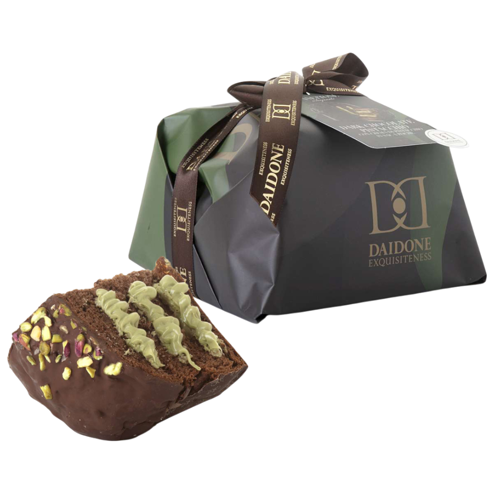Daidone Panettone Artigianale Dark Chocolate - handwerklicher Schokoladen-Panettone mit dunkler Schokolade und Pistaziencreme im Spritzbeutel