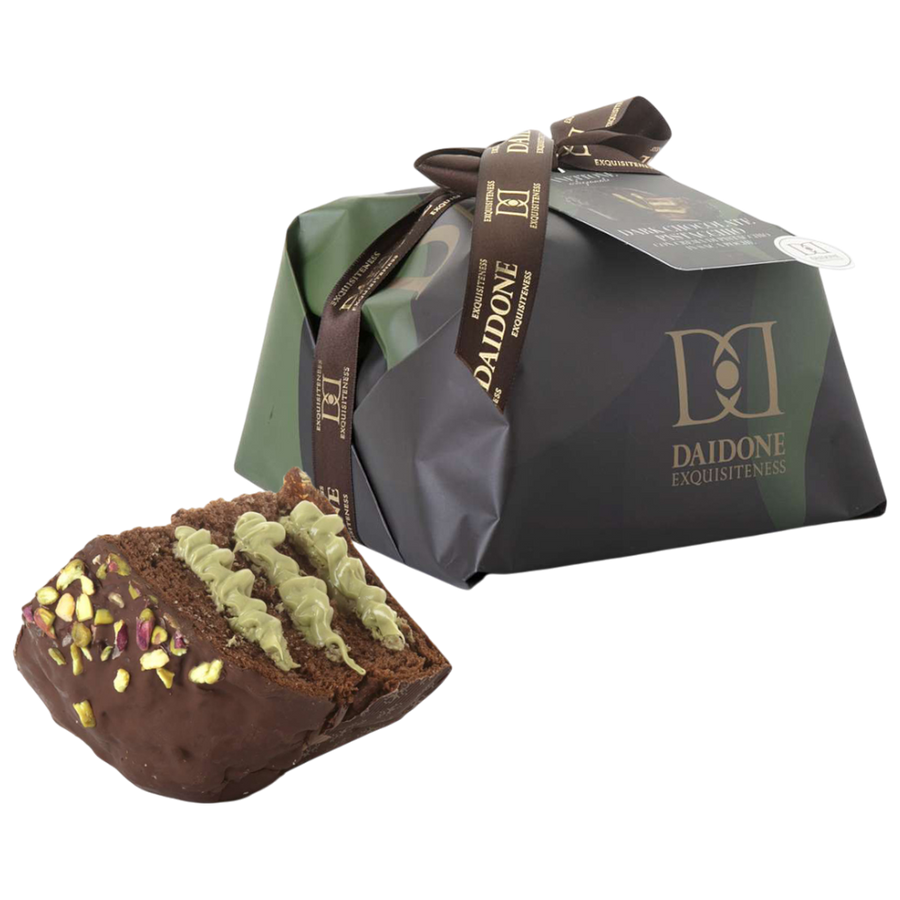 Daidone Panettone Artigianale Dark Chocolate - handwerklicher Schokoladen-Panettone mit dunkler Schokolade und Pistaziencreme im Spritzbeutel