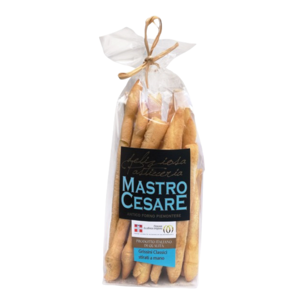 Mastro Cesare Grissini Classici 200g - handgezogene italienische Brotstangen aus Weizenmehl mit Olivenöl, Salz und Malzextrakt
