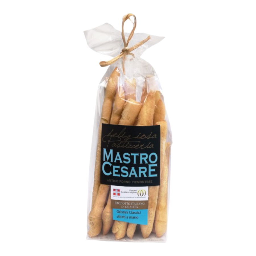 Mastro Cesare Grissini Classici 200g - handgezogene italienische Brotstangen aus Weizenmehl mit Olivenöl, Salz und Malzextrakt