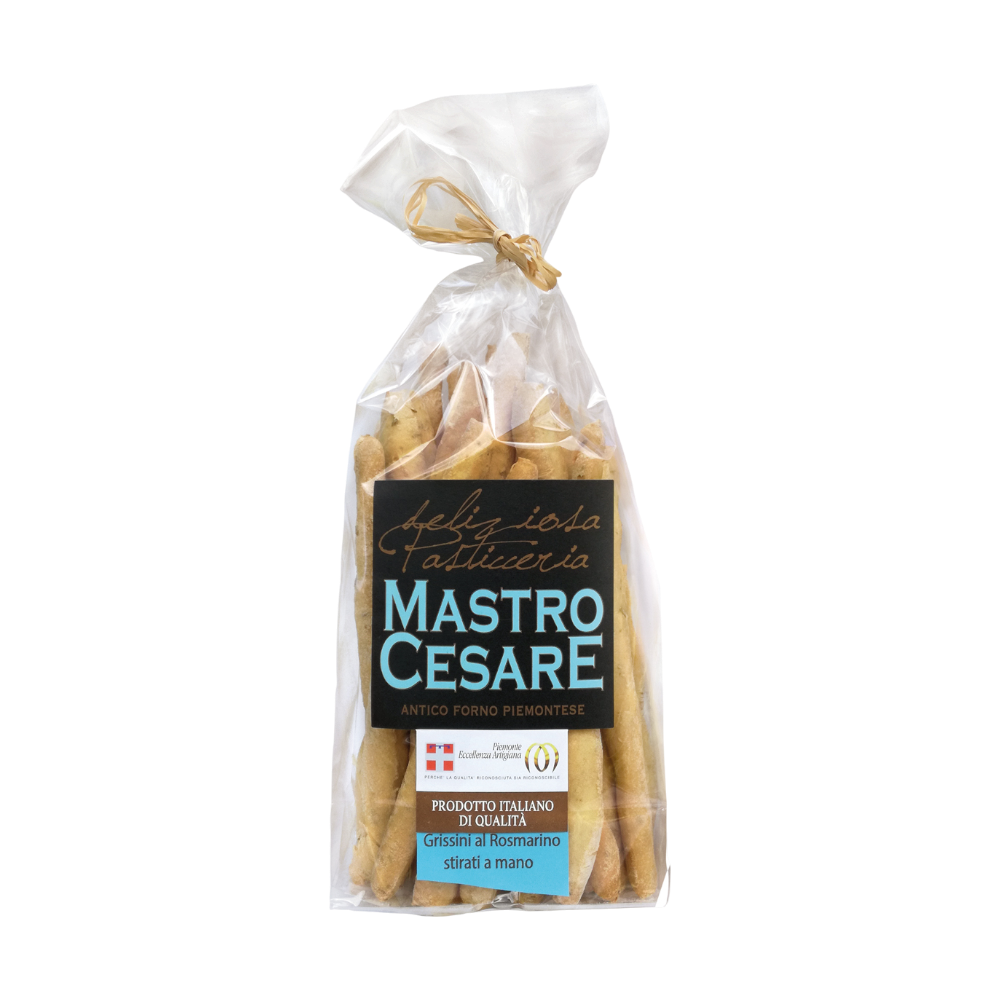 Mastro Cesare Grissini al Rosmarino 200g – handgezogene italienische Brotstangen mit Rosmarin