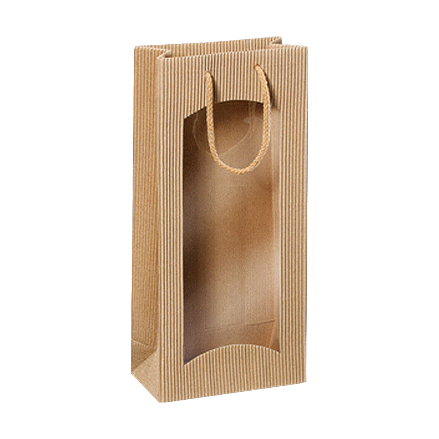 Geschenktüte Natura aus offener Welle mit Sichtfenster und Baumwollkordel, für 2x0,75l/1,0l Weinflaschen, hochwertige Doppel-Geschenkverpackung