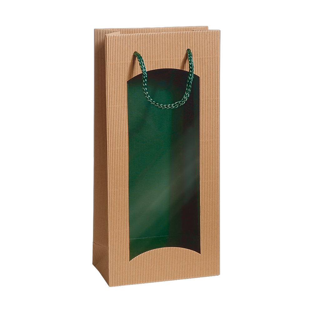  Geschenktüte Natura Grün aus offener Welle mit Sichtfenster, für 2 Weinflaschen 0,75l/1,0l, elegante grüne Geschenkverpackung