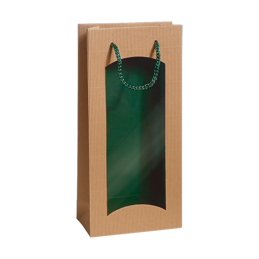  Geschenktüte Natura Grün aus offener Welle mit Sichtfenster, für 2 Weinflaschen 0,75l/1,0l, elegante grüne Geschenkverpackung