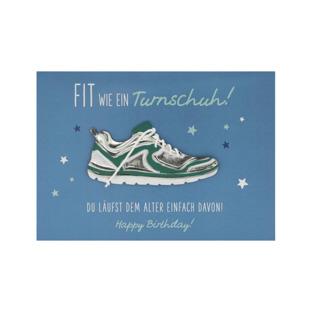 GRUSS&CO Grußkarte METALL, 17x12cm, humorvolle Geburtstagskarte Fit wie ein Turnschuh mit Metall-Applikation