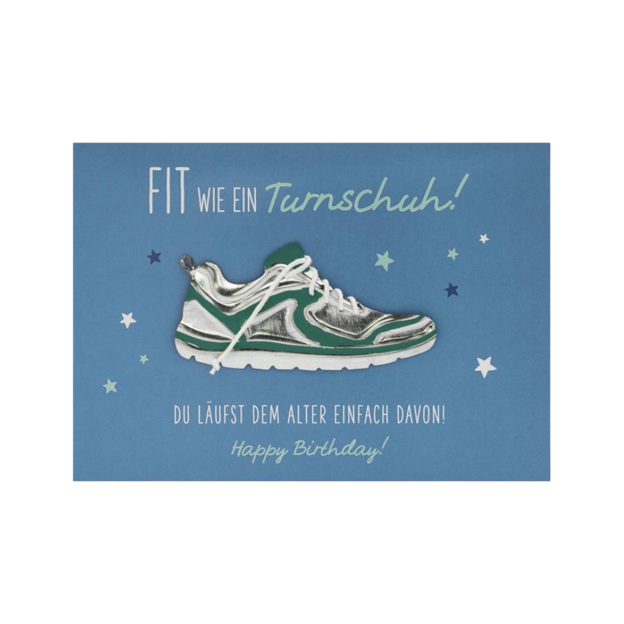 GRUSS&CO Grußkarte METALL, 17x12cm, humorvolle Geburtstagskarte Fit wie ein Turnschuh mit Metall-Applikation